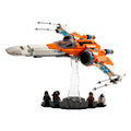Orange and white LEGO Poe Dameron X-wing 75273 on an angled stand with minifigures