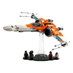 Orange and white LEGO Poe Dameron X-wing 75273 on an angled stand with minifigures