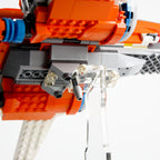 Close-up of the clear display support connecting beneath LEGO X-wing 75273