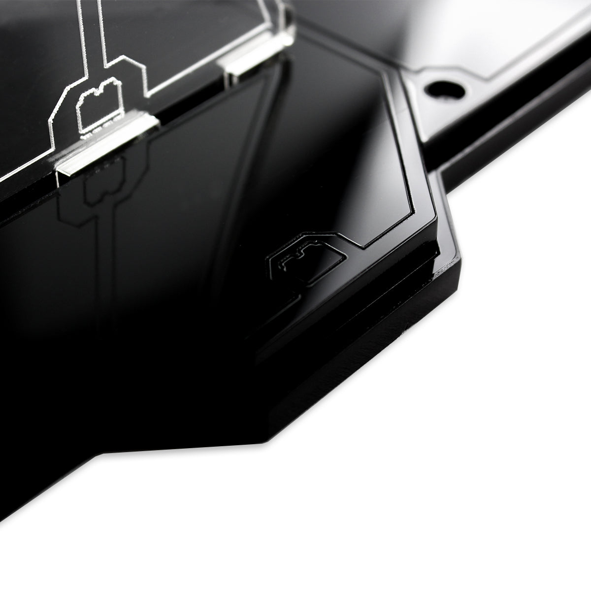 Close-up of the clear support and black base of the LEGO 75273 display stand