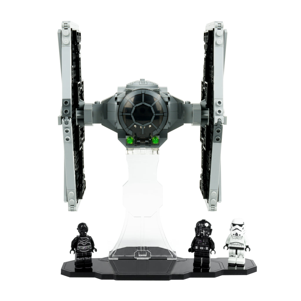 Front view of LEGO Imperial TIE Fighter 75300 on its clear stand with minifigures