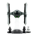 Front view of LEGO Imperial TIE Fighter 75300 on its clear stand with minifigures