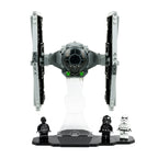 Front view of LEGO Imperial TIE Fighter 75300 on its clear stand with minifigures