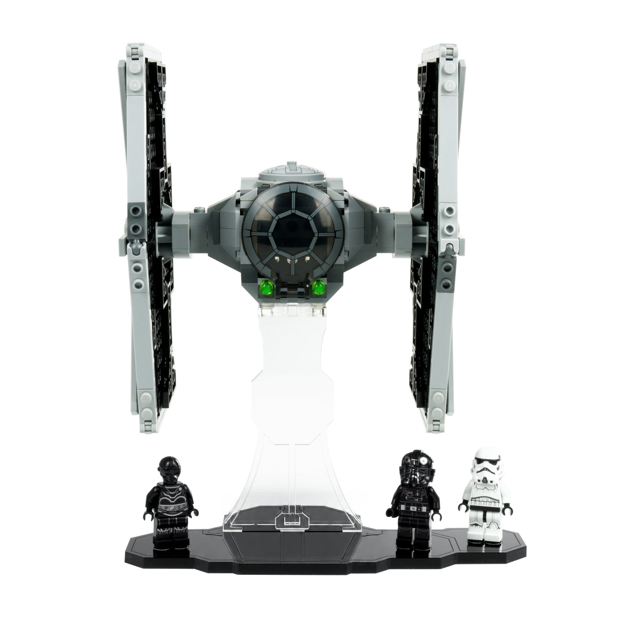 Front view of LEGO Imperial TIE Fighter 75300 on its clear stand with minifigures