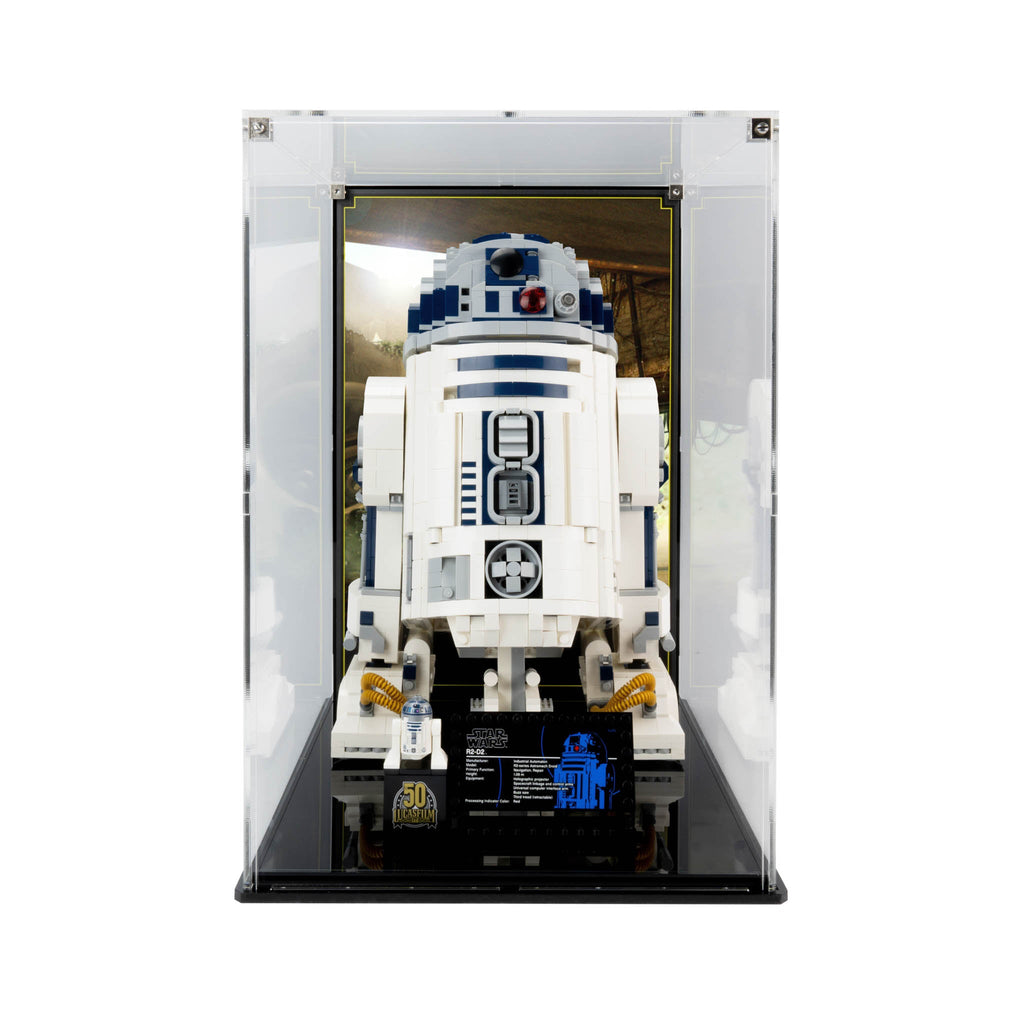 LEGO R2-D2 75308 in a tall acrylic display case with a printed hangar background