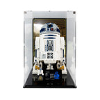 LEGO R2-D2 75308 in a tall acrylic display case with a printed hangar background