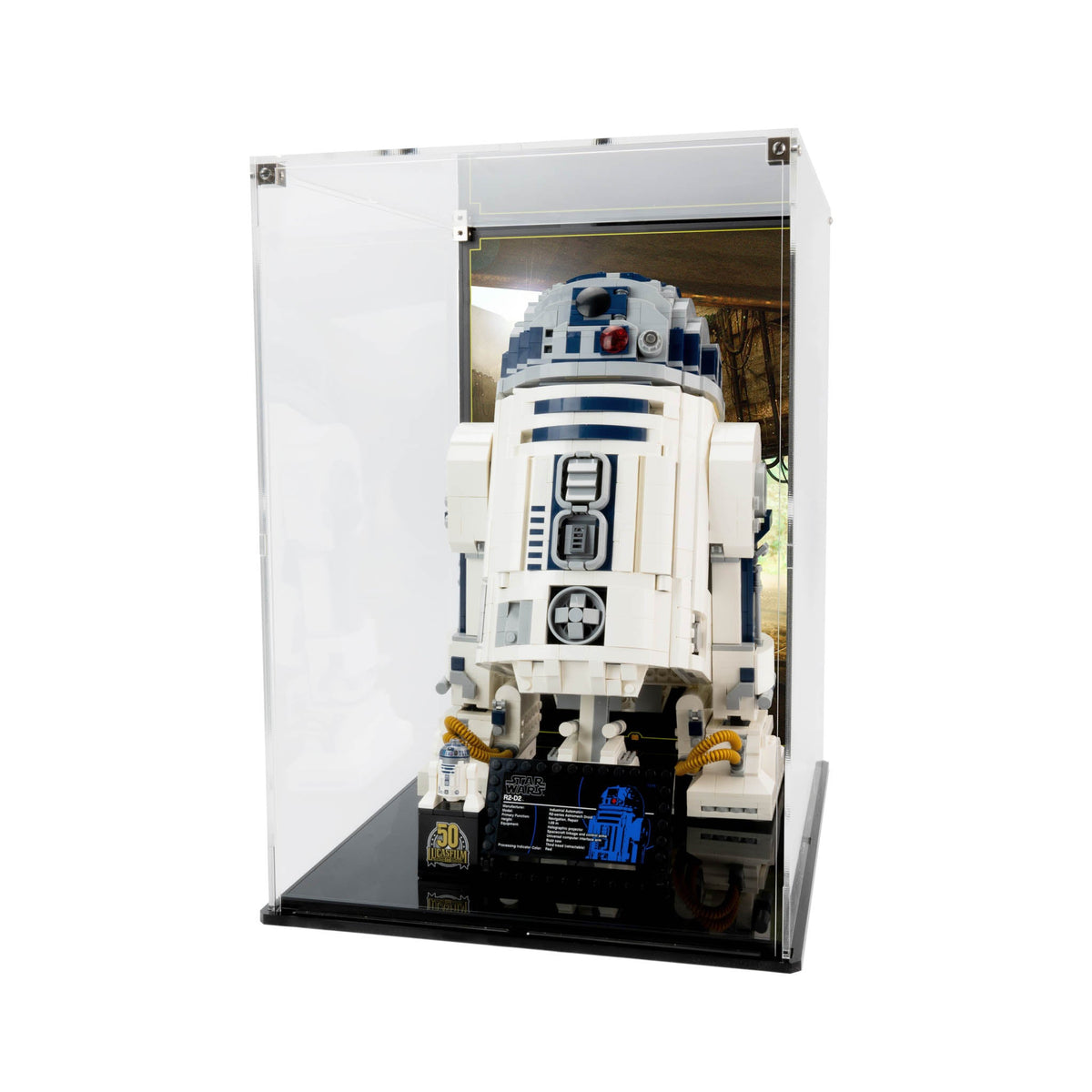 Angled view of R2-D2 75308 and its display base inside the printed background case
