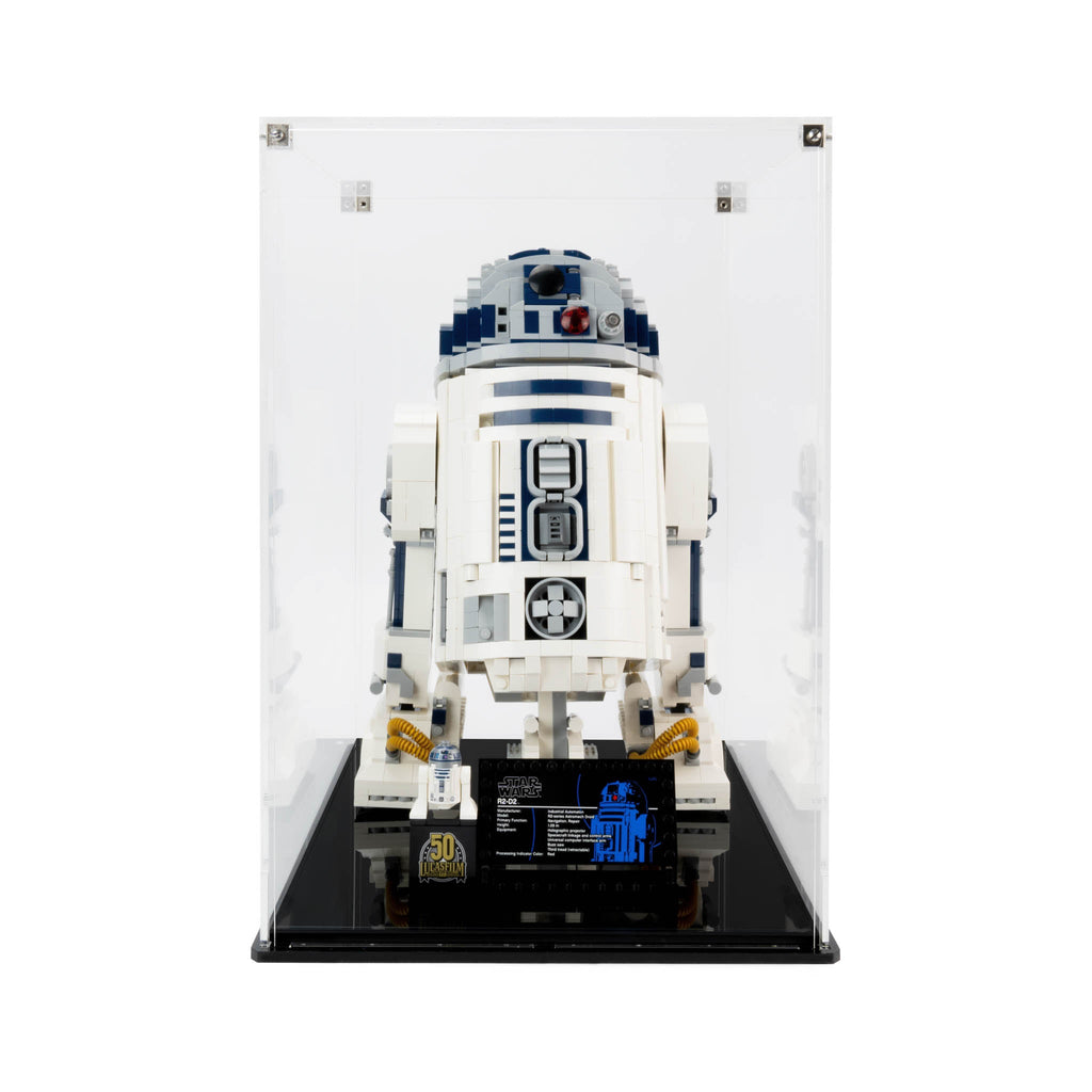 Front view of LEGO R2-D2 75308 inside the clear background display case