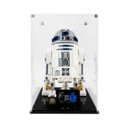 Front view of LEGO R2-D2 75308 inside the clear background display case