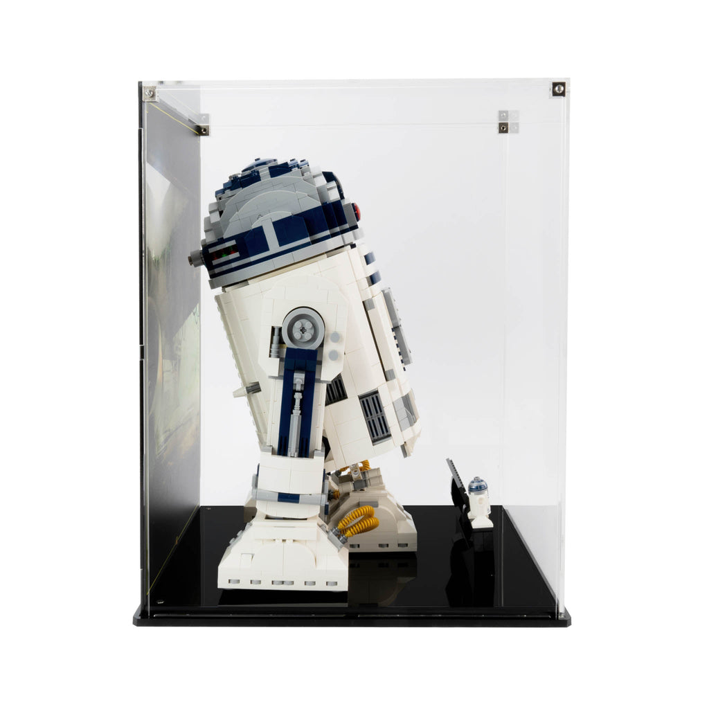 Side view of R2-D2 75308 through the clear acrylic case wall