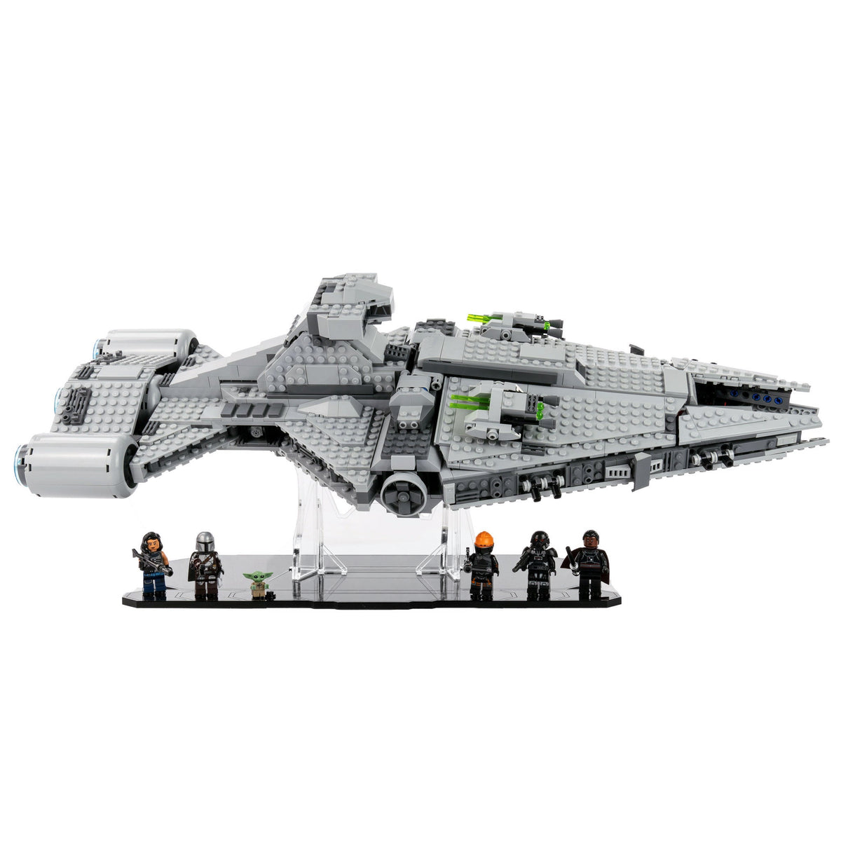 LEGO Imperial Light Cruiser 75315 raised on a clear acrylic stand above the minifigure base