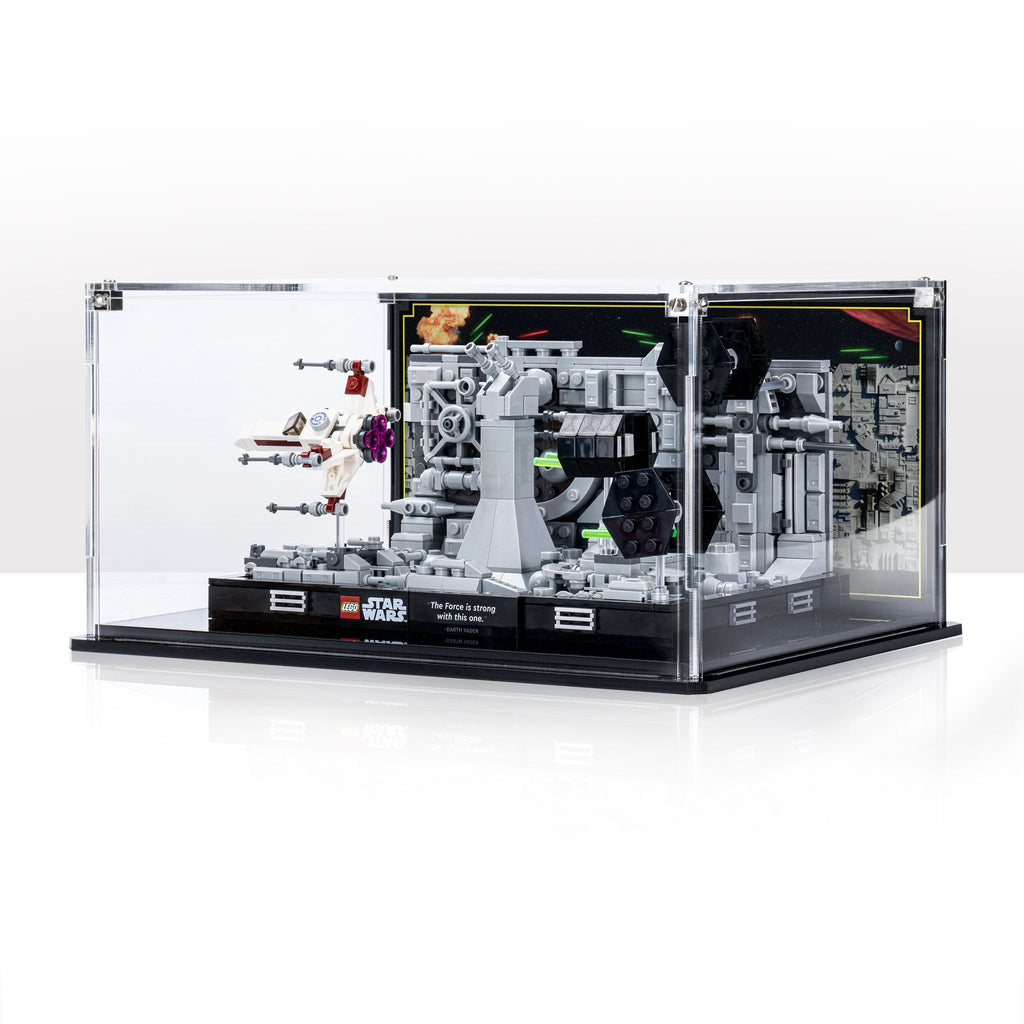 LEGO Death Star Trench Run Diorama 75329 in an acrylic case with a printed background