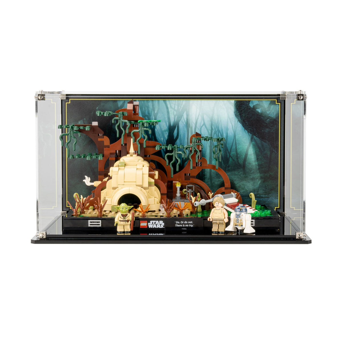 Front view of Dagobah 75330 and its minifigures against the printed forest background