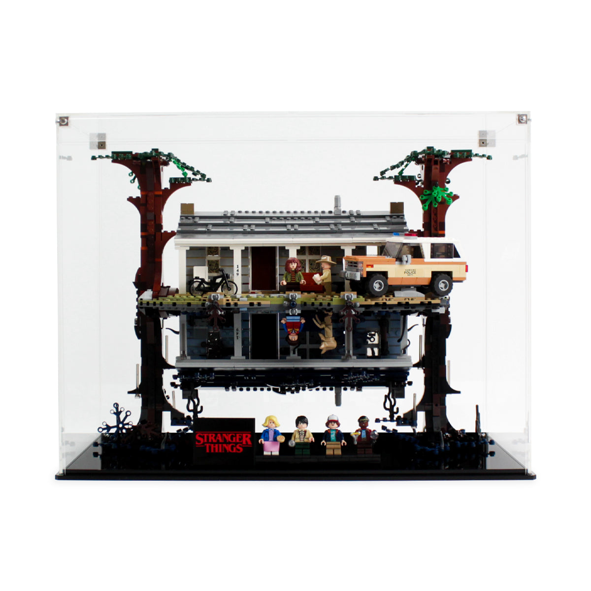Front view of The Upside Down 75810 inside the clear background case