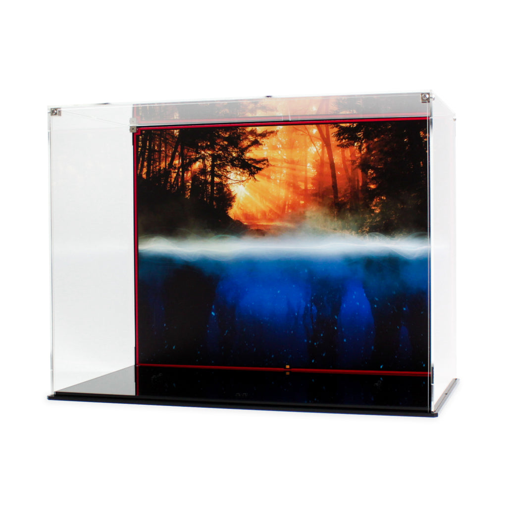 Empty 75810 display case showing the orange and blue forest background