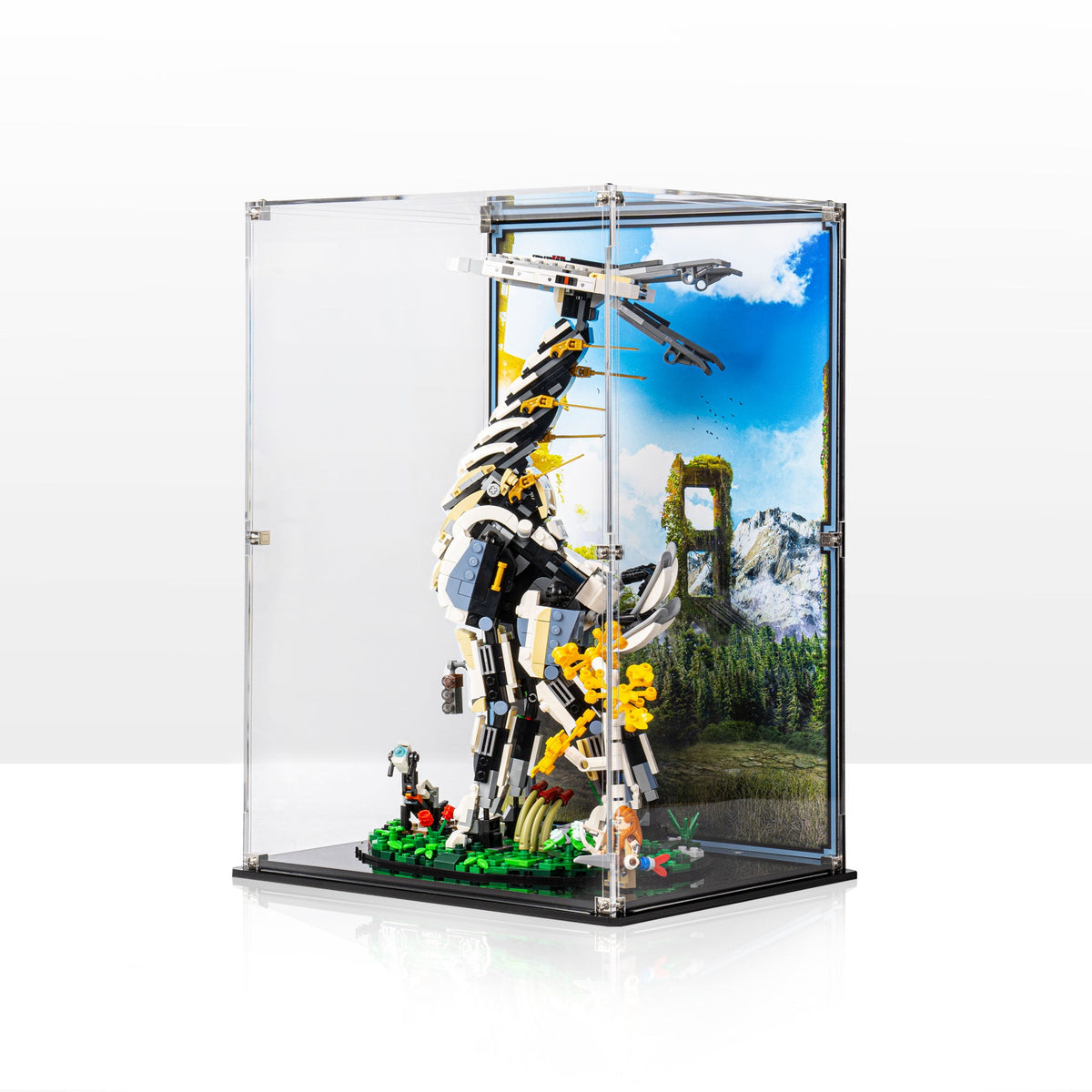 LEGO Horizon Forbidden West Tallneck 76989 in a tall acrylic case with a landscape background
