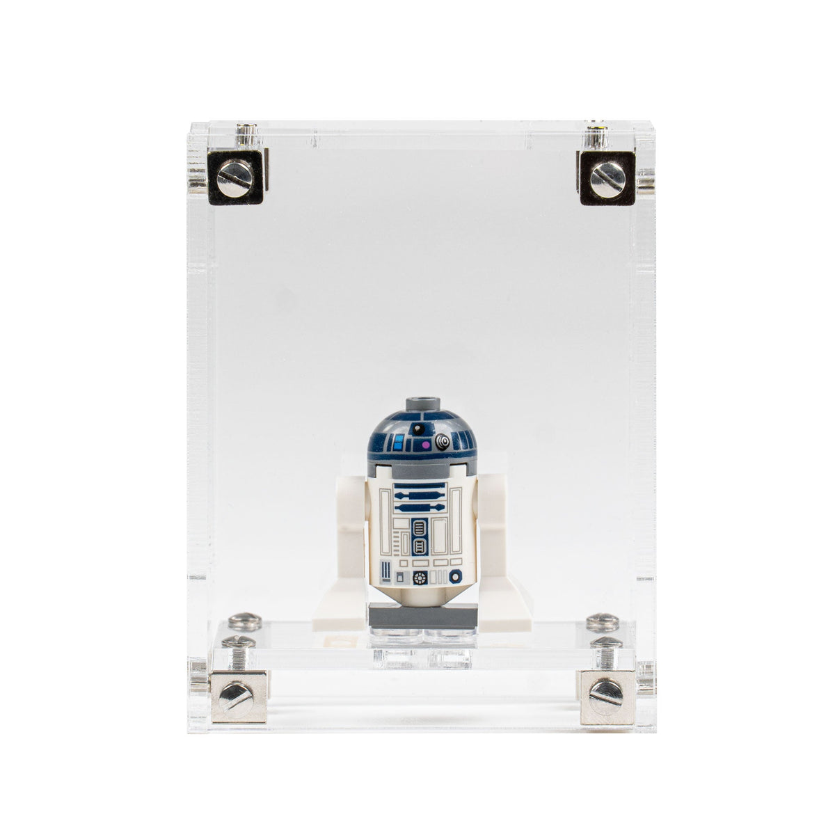 a LEGO Minifigure in the acrylic display case, display view 1