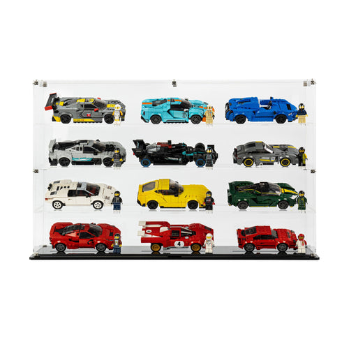 12 LEGO Speed Champions Cars (4 x 3) in the acrylic display case, display view 2