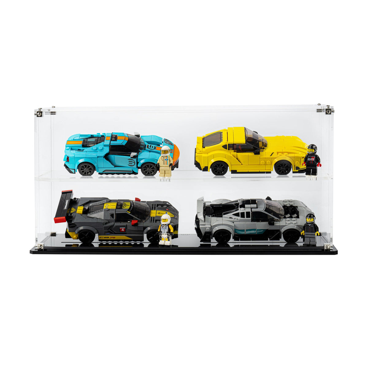 4 LEGO Speed Champions Cars (2 x 2) in the acrylic display case, display view 2