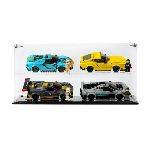 4 LEGO Speed Champions Cars (2 x 2) in the acrylic display case, display view 2