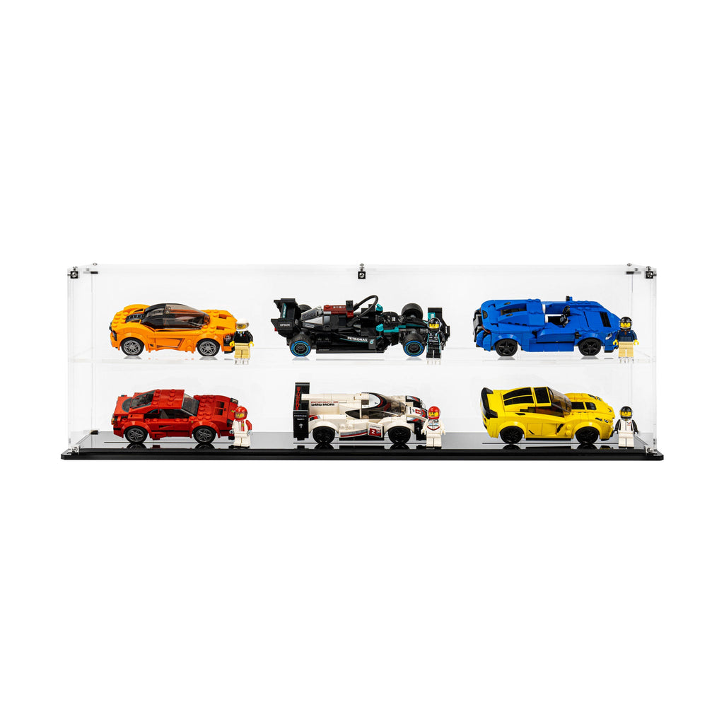6 LEGO Speed Champions Cars (2 x 3) in the acrylic display case, display view 2