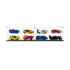 8 LEGO Speed Champions Cars (2 x 4) in the acrylic display case, display view 2
