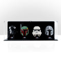 4 LEGO Helmets in the acrylic display case, display view 2