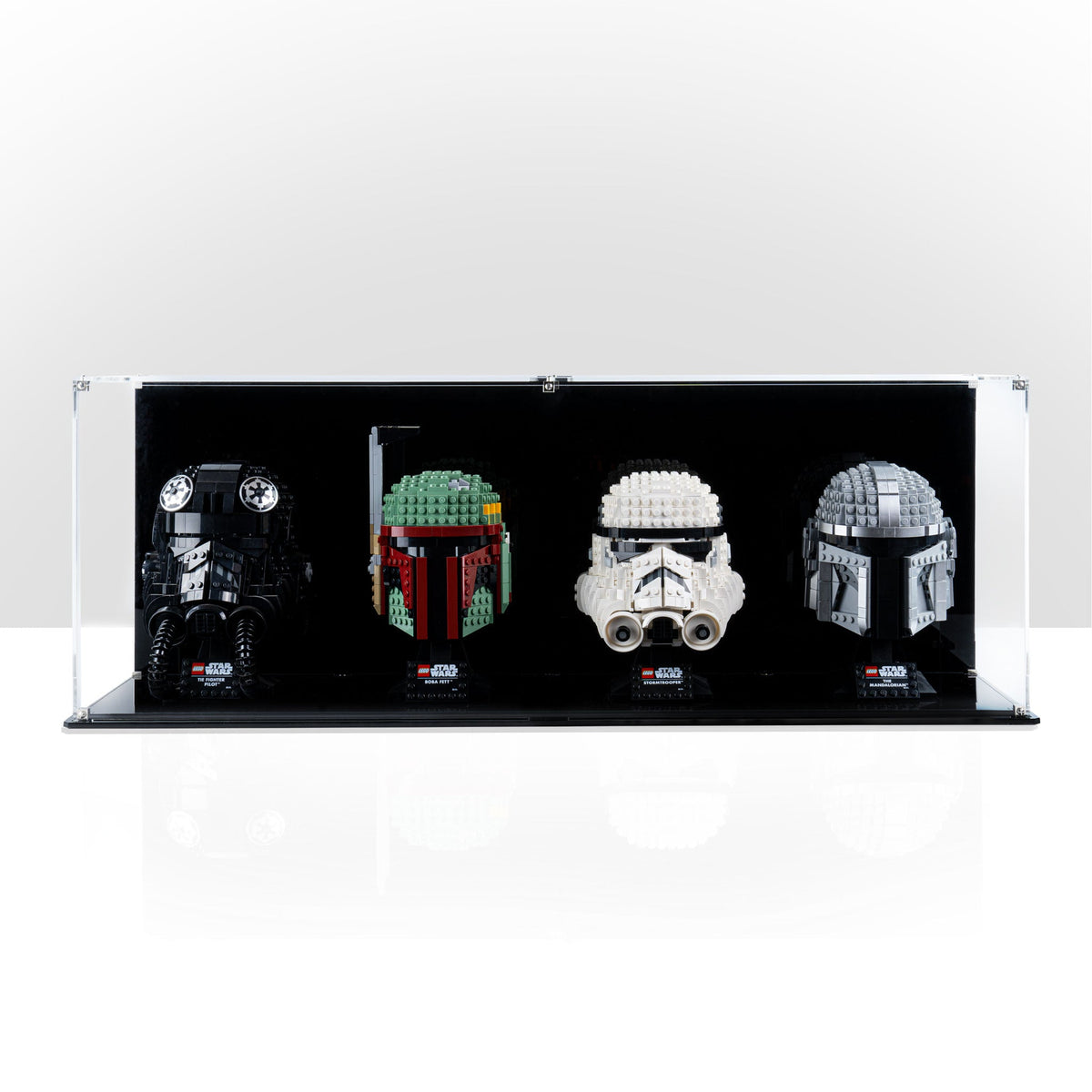 4 LEGO Helmets in the acrylic display case, display view 2