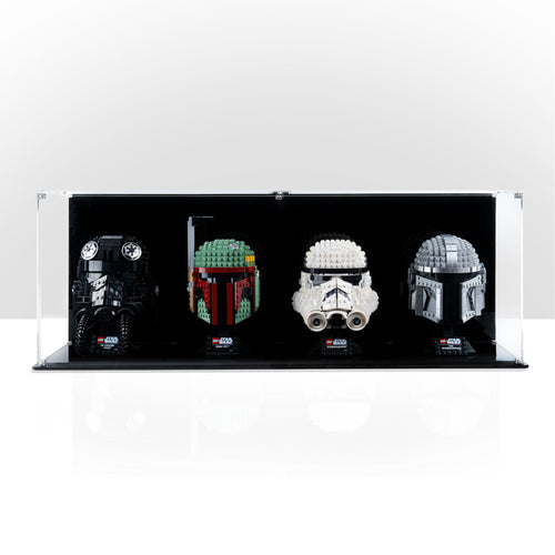 4 LEGO Helmets in the acrylic display case, display view 2