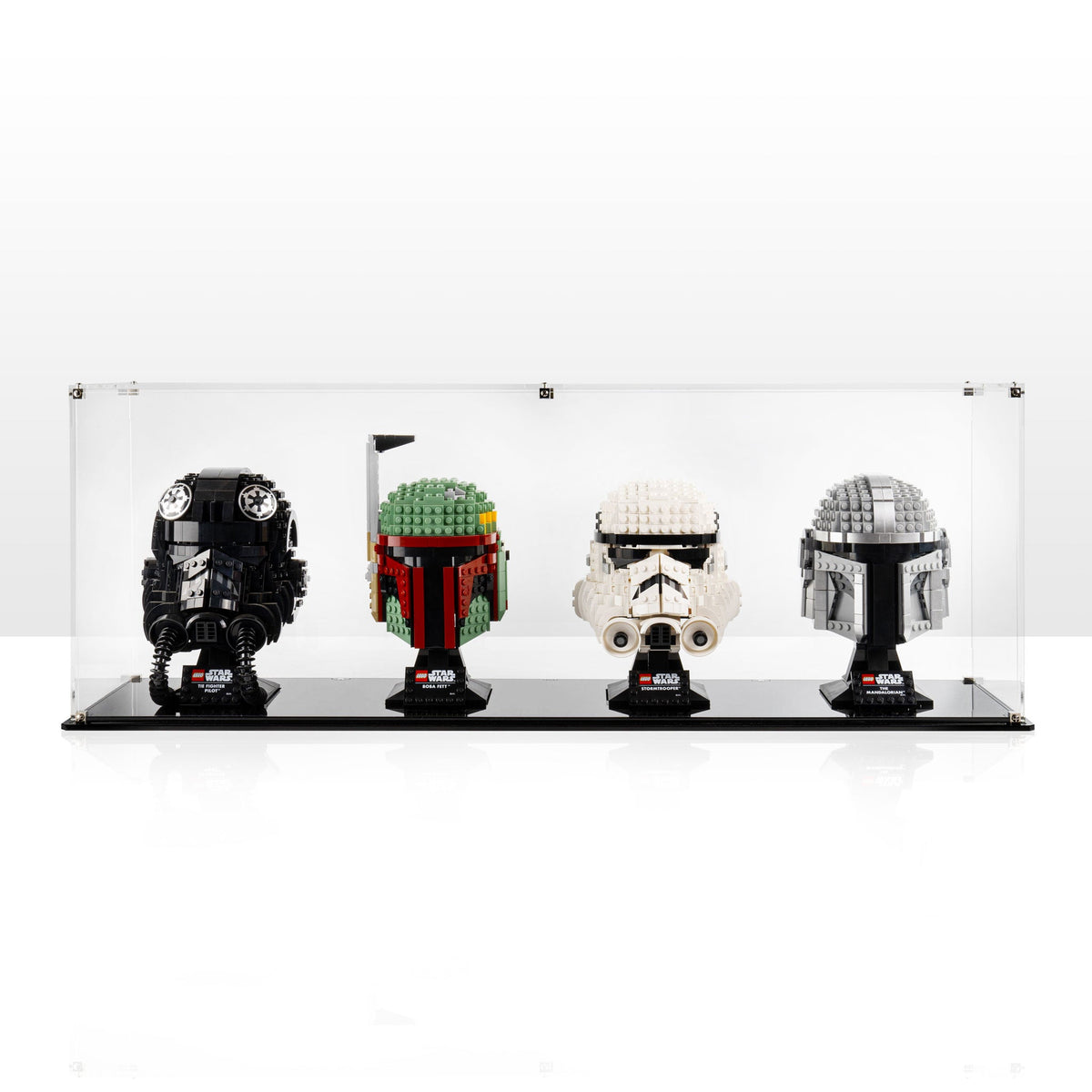 4 LEGO Helmets in the acrylic display case, display view 4