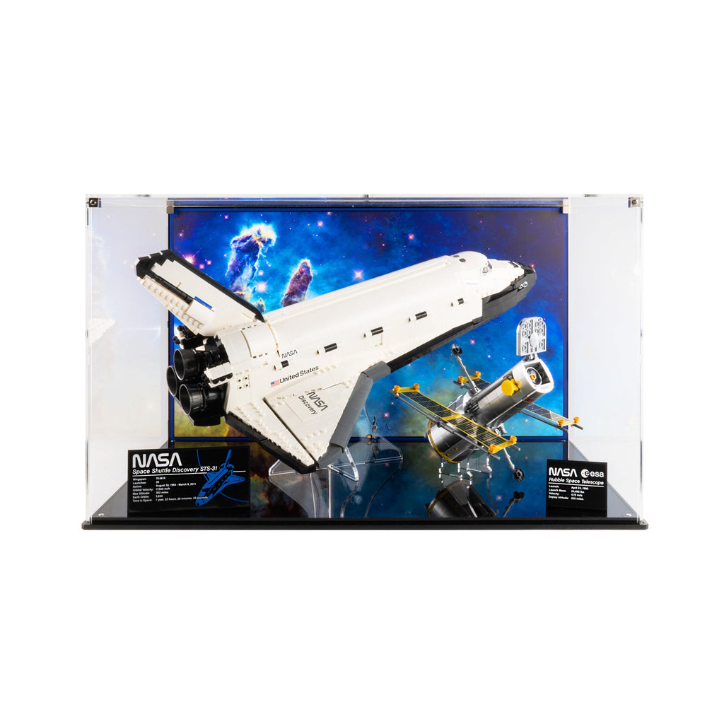 LEGO 10283 NASA Space Shuttle Discovery in the acrylic display case, display view 1