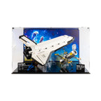 LEGO 10283 NASA Space Shuttle Discovery in the acrylic display case, display view 1