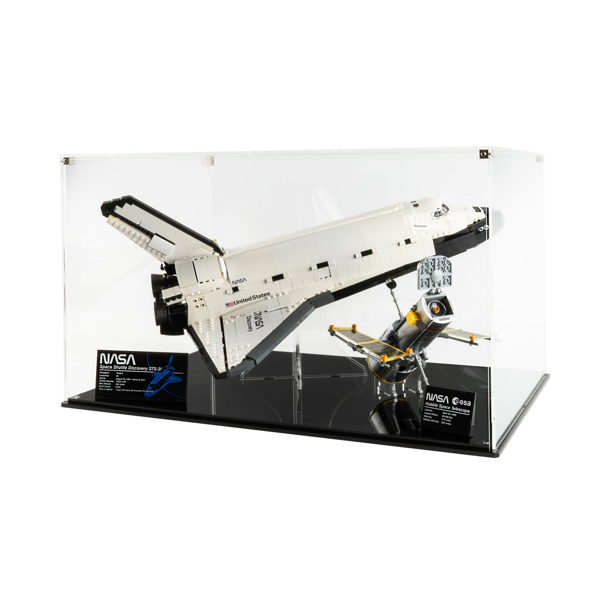 LEGO 10283 NASA Space Shuttle Discovery in the acrylic display case, display view 6
