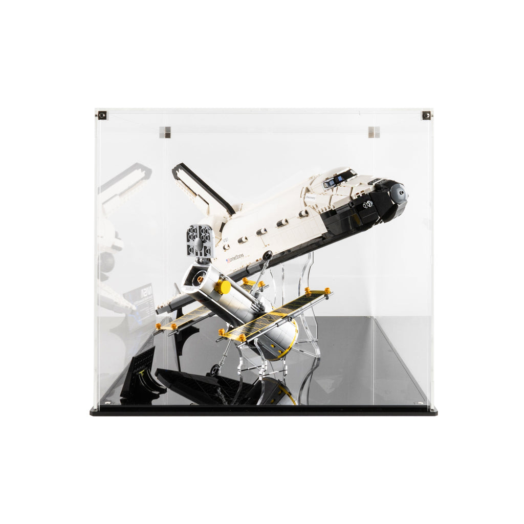LEGO 10283 NASA Space Shuttle Discovery in the acrylic display case, display view 7