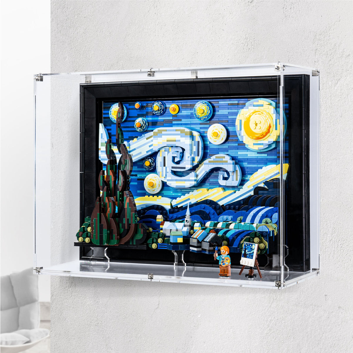 LEGO 21333 The Starry Night in the acrylic wall mounted display case, display view 1