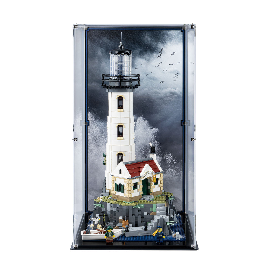 LEGO 21335 Motorised Lighthouse in the acrylic display case, display view 2