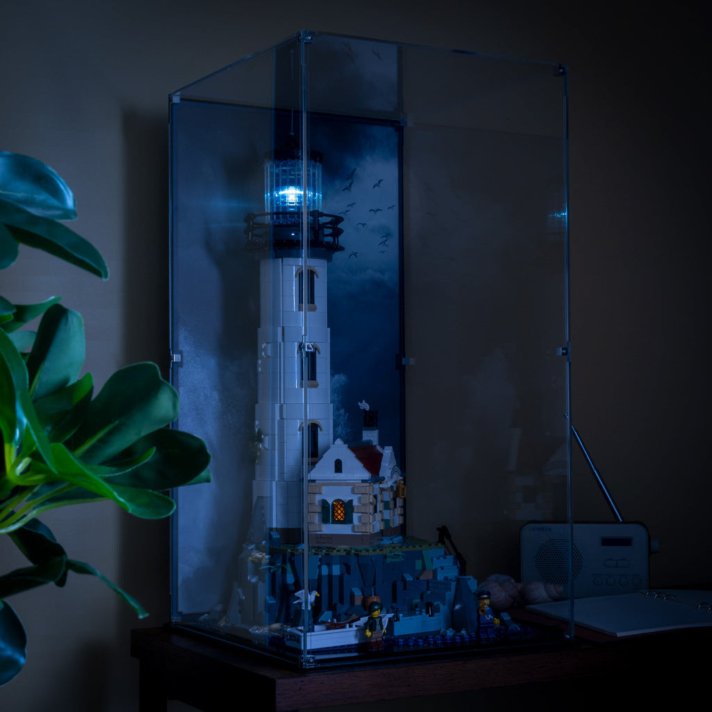 LEGO 21335 Motorised Lighthouse in the acrylic display case, display view 5
