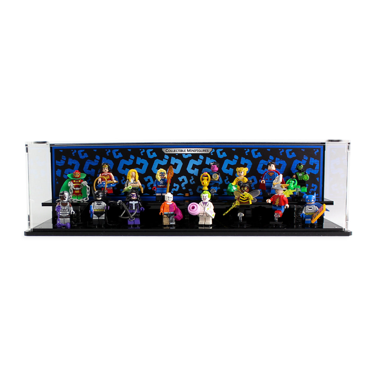 LEGO 71026 DC Super Heroes Minifigures in the acrylic display case, display view 1
