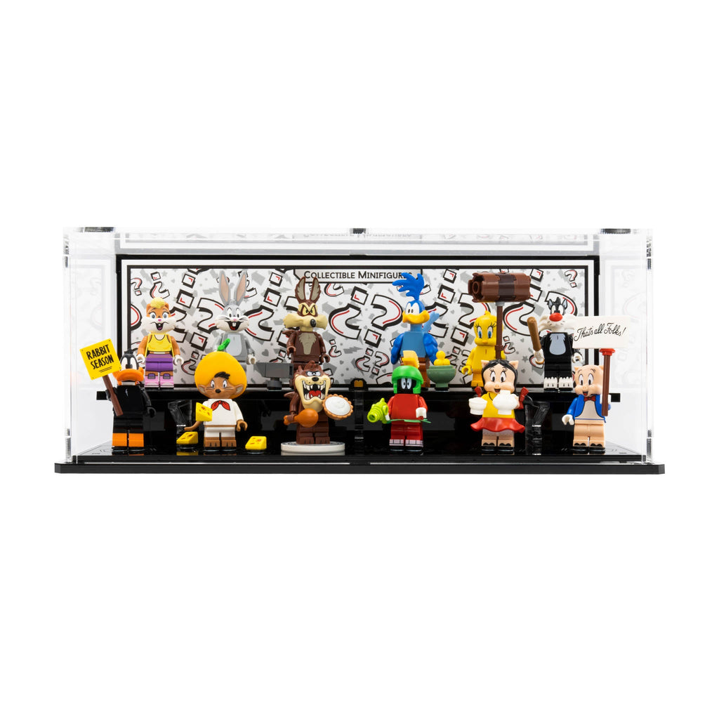 LEGO 71030 Looney Tunes Minifigures in the acrylic display case, display view 1