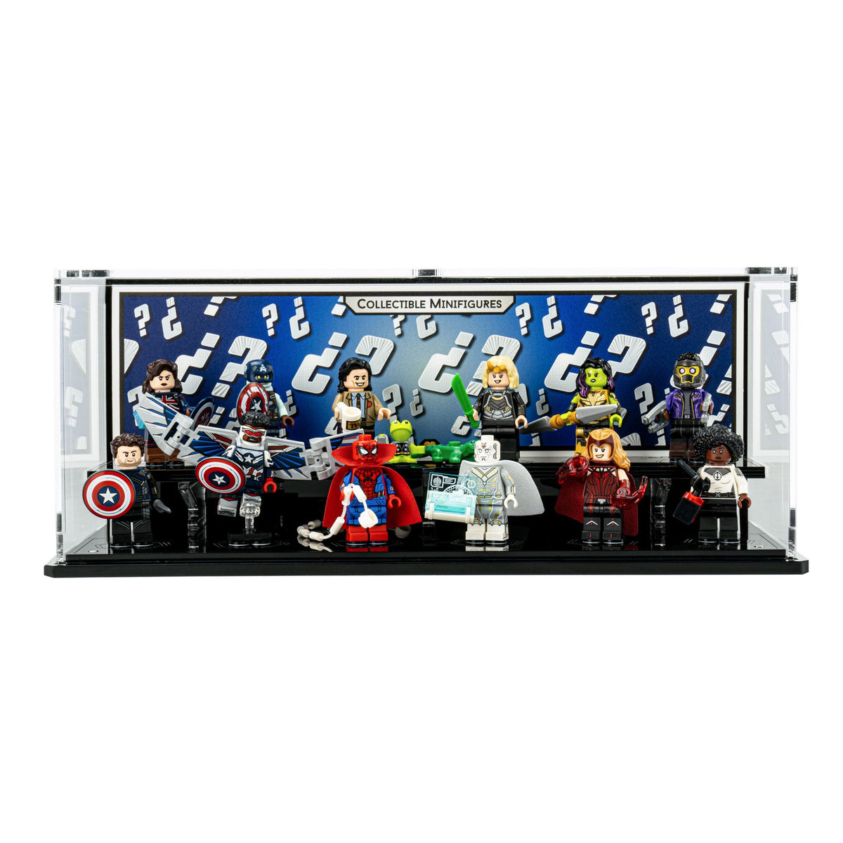 LEGO 71031 Marvel Studios Minifigures Series 1 in the acrylic display case, display view 1
