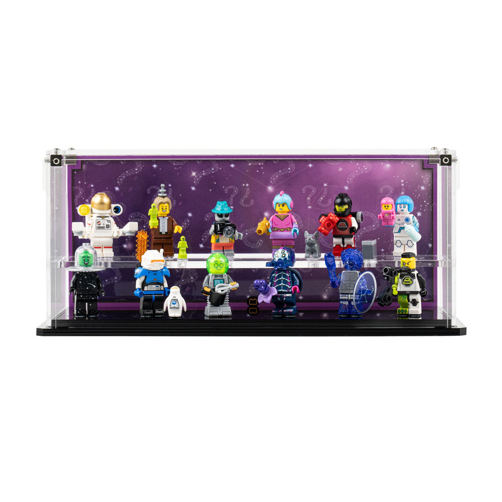 LEGO 71046 Space Minifigures Series 26 in the acrylic display case, display view 2