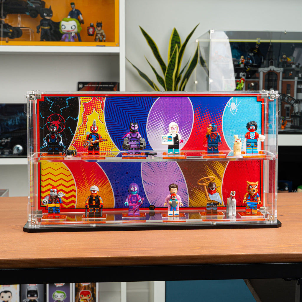 LEGO 71050 Spider-Verse Minifigures in the acrylic display case, display view 2