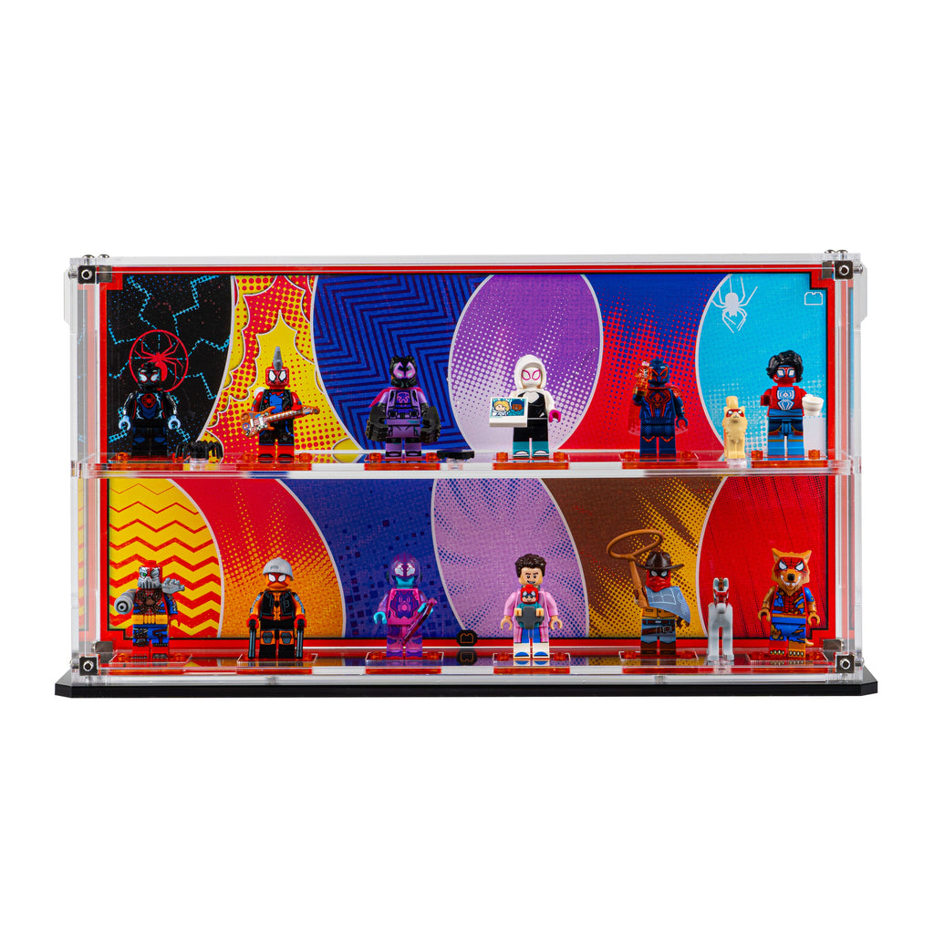 LEGO 71050 Spider-Verse Minifigures in the acrylic display case, display view 3