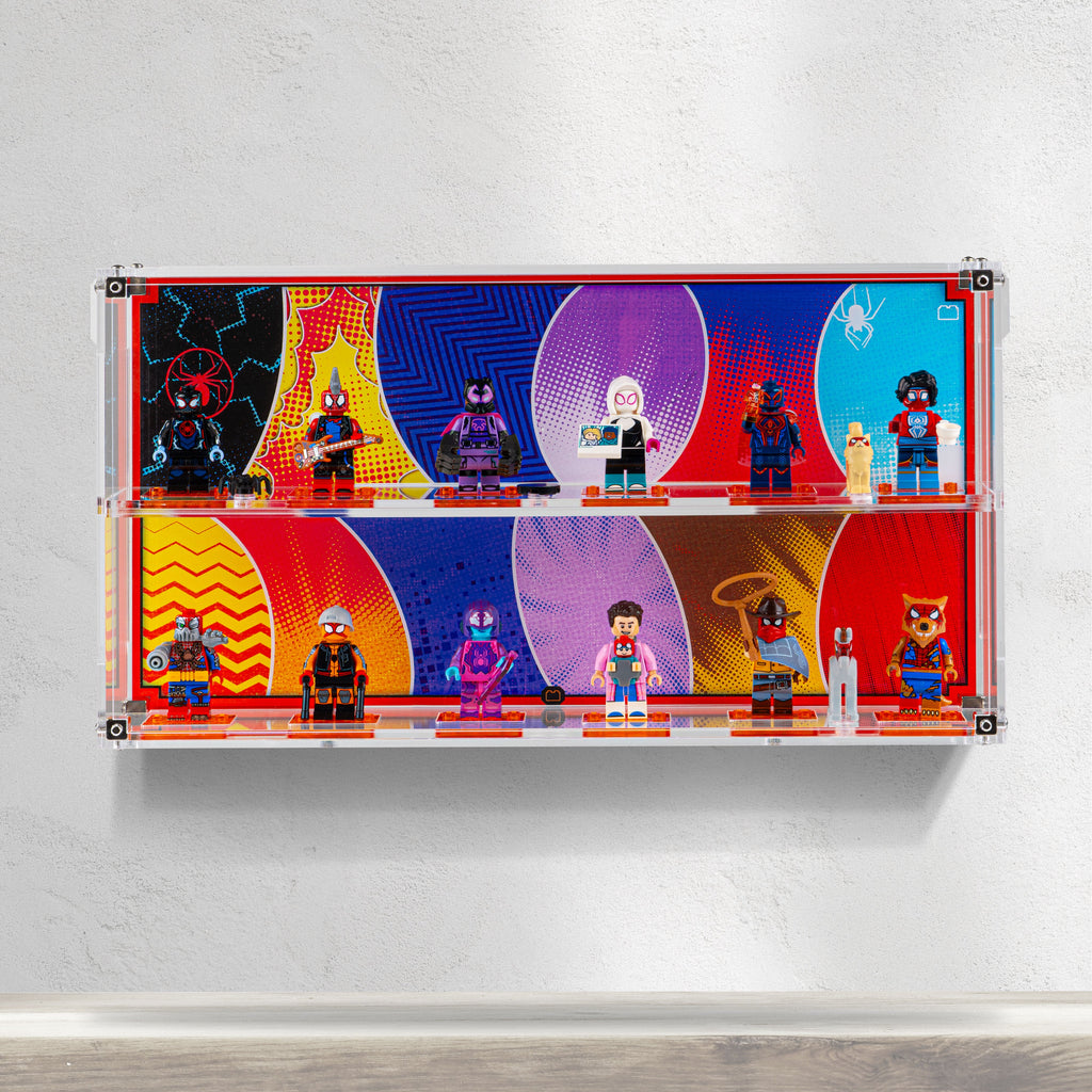 LEGO 71050 Spider-Verse Minifigures in the acrylic display case, display view 5