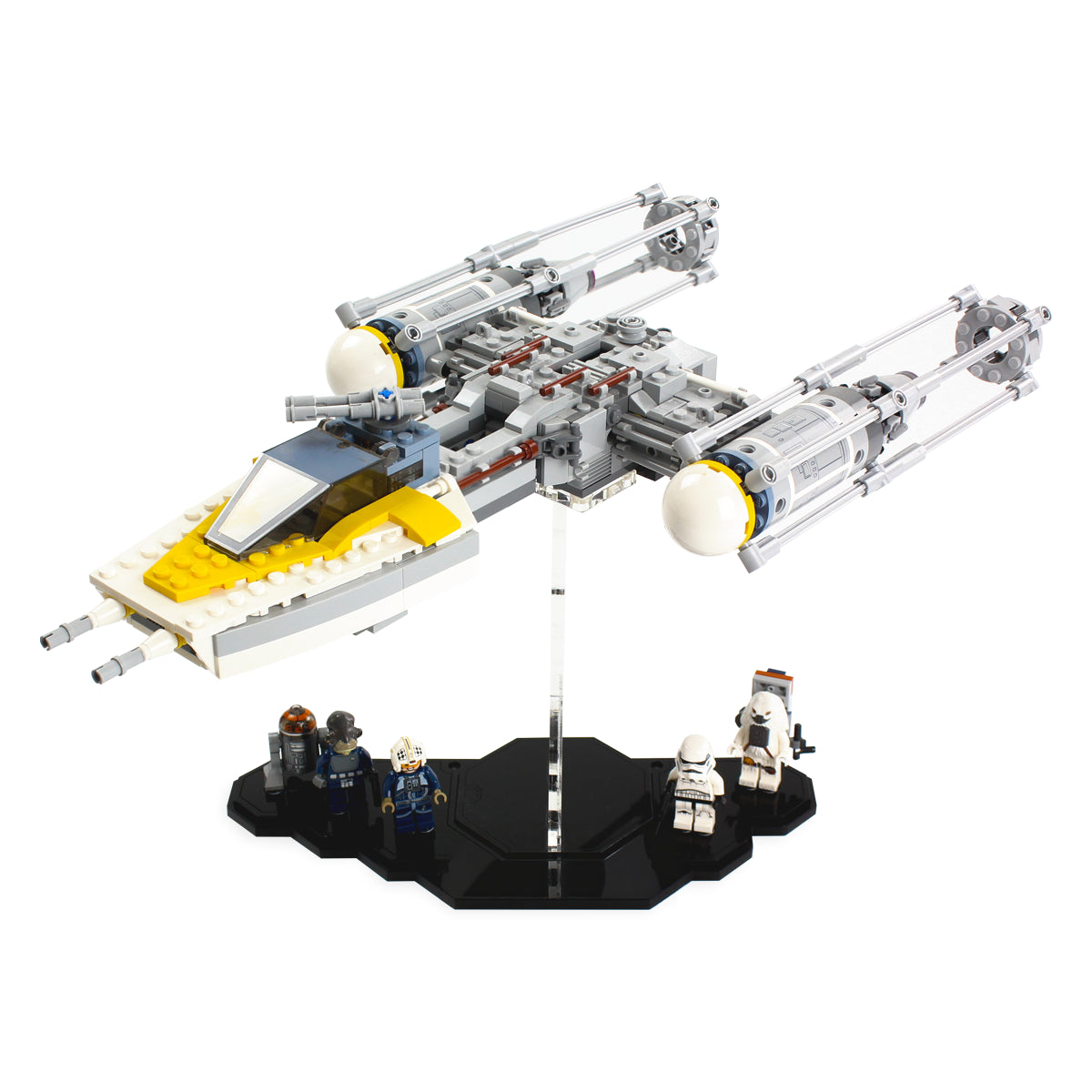 LEGO 75172 Y-Wing Starfighter in the acrylic display stand, display view 2