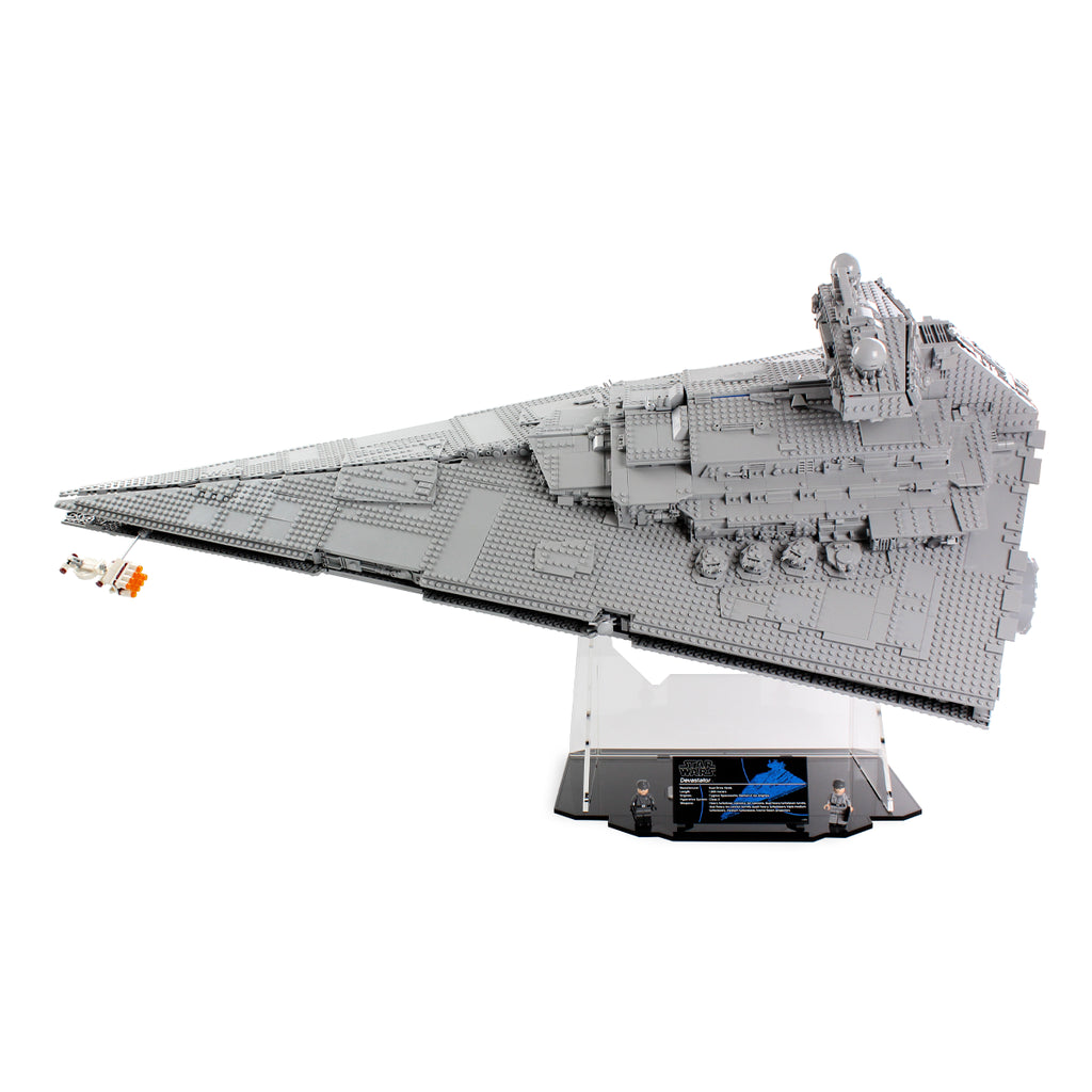 LEGO 75252 UCS Imperial Star Destroyer in the acrylic display stand, display view 2
