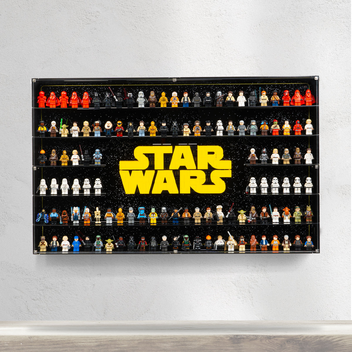 LEGO 75407 Star Wars Logo & 124 Minifigures in the acrylic wall mounted display case, display view 3