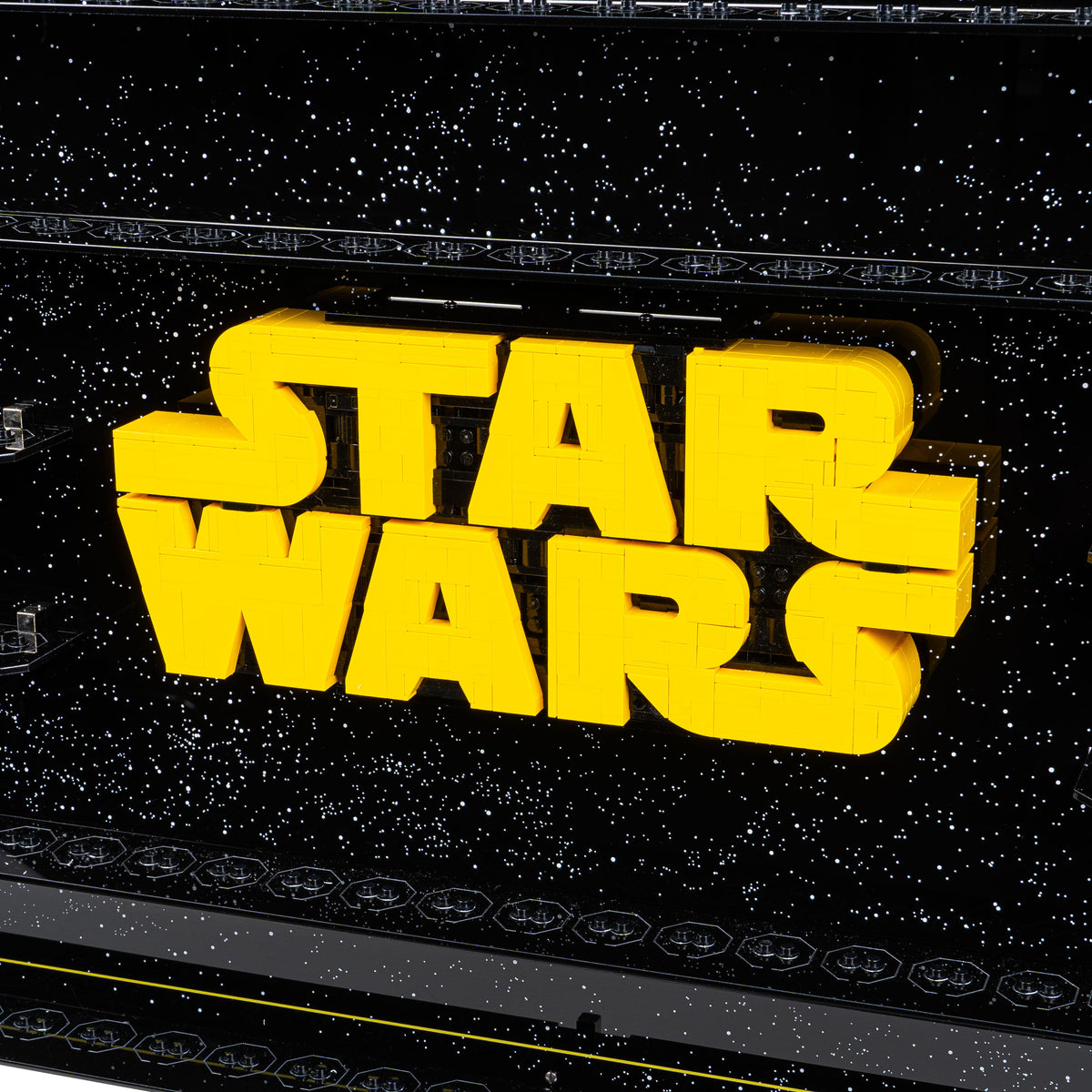 Acrylic wall mounted display case construction detail for LEGO 75407 Star Wars Logo & 124 Minifigures, view 6