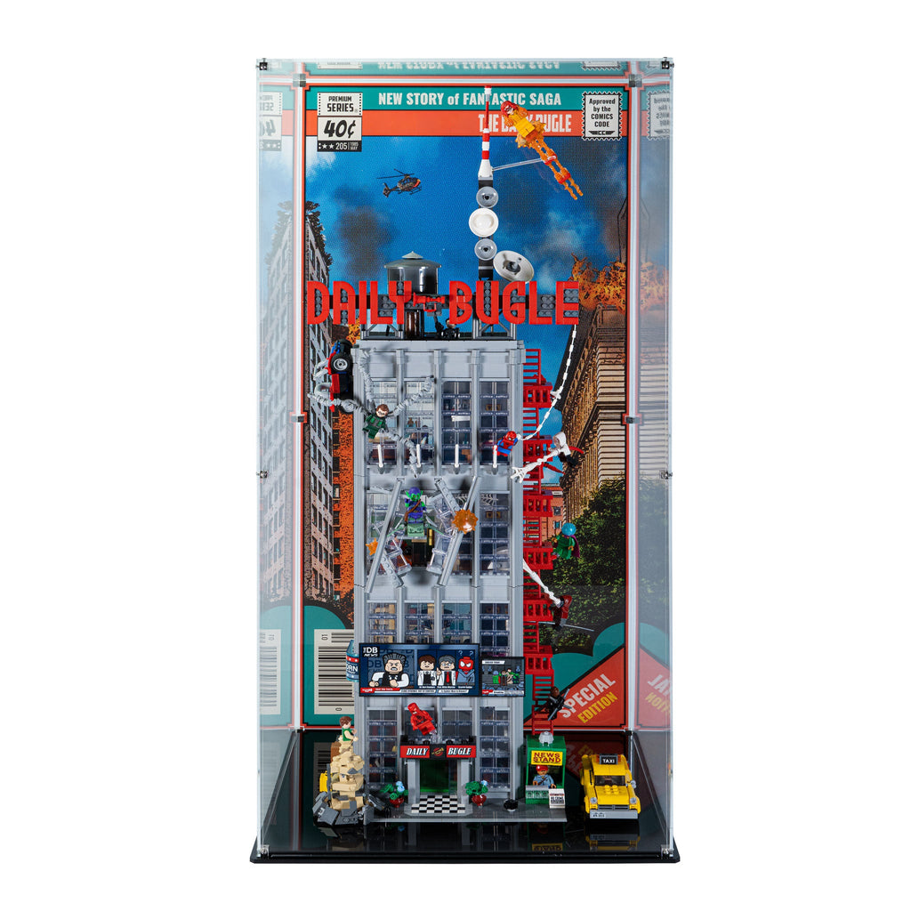 LEGO 76178 Daily Bugle in the acrylic display case, display view 2