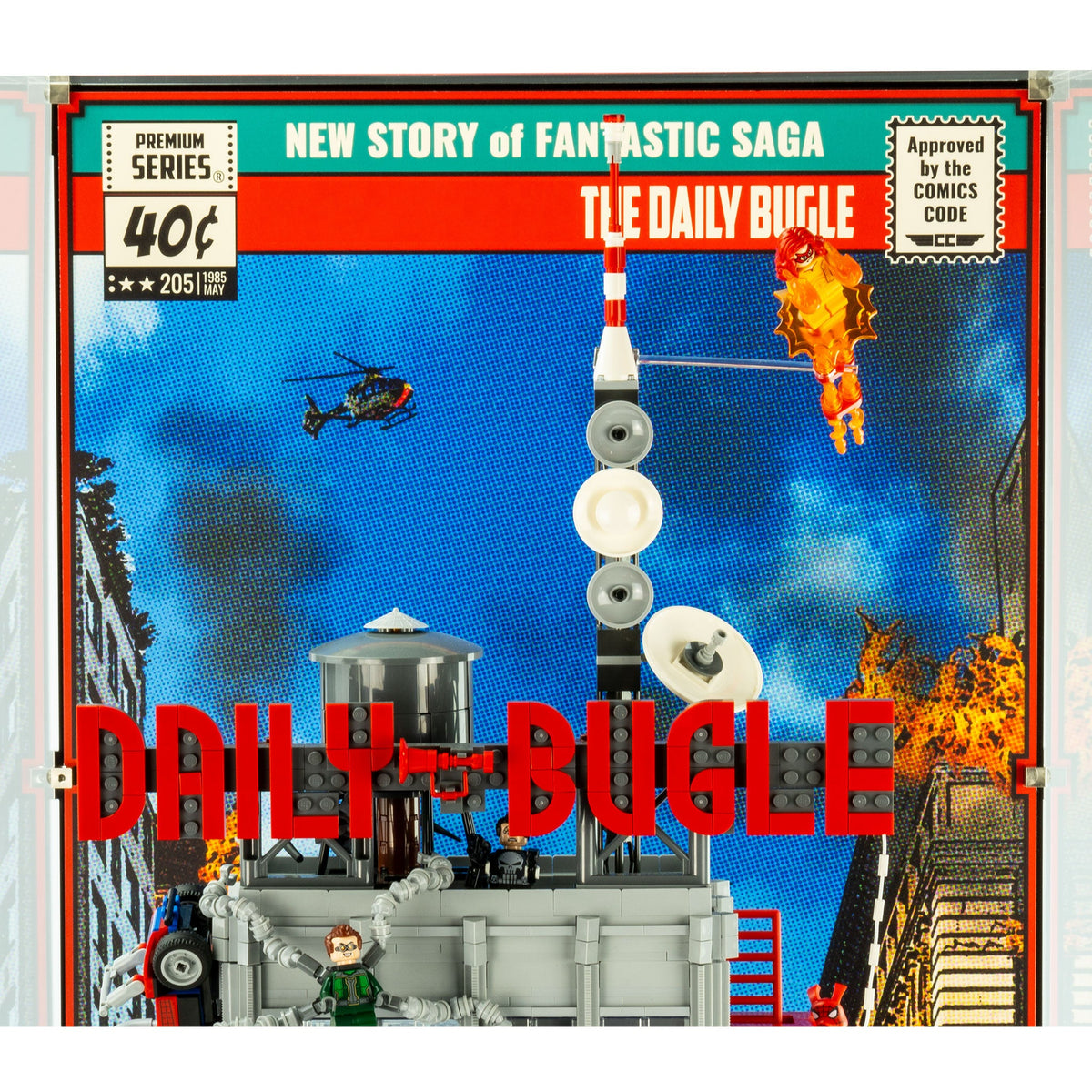 Daily Bugle printed city background detail for the LEGO 76178 display case